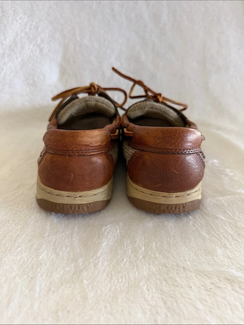 Sperry Cognac Leather & Tan Fabric Boat Shoes
